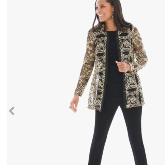 Chico's Travelers Collection Needle Stitch Mesh Gold Button Down Jacket Sz O/S/4 - Picture 2 of 10